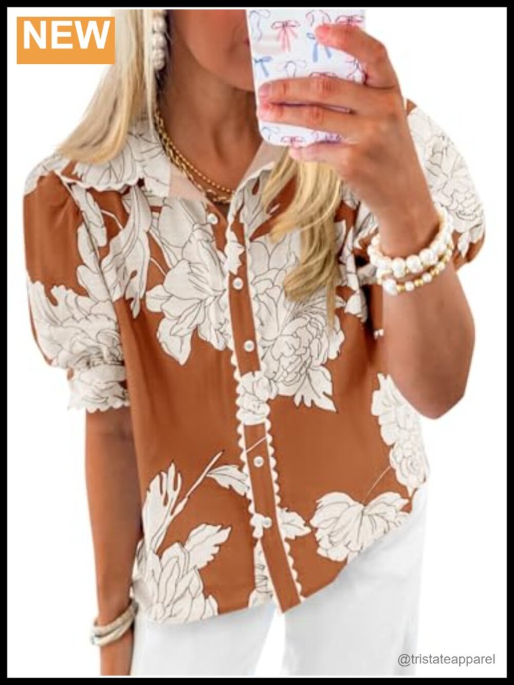 Floral Puff Sleeve V-Neck Button Down Blouse Summer Casual Top